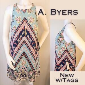 A Byer Midi Shift Dress Large Floral Chevron Stripe Sleeveless Flowy Boho NEW